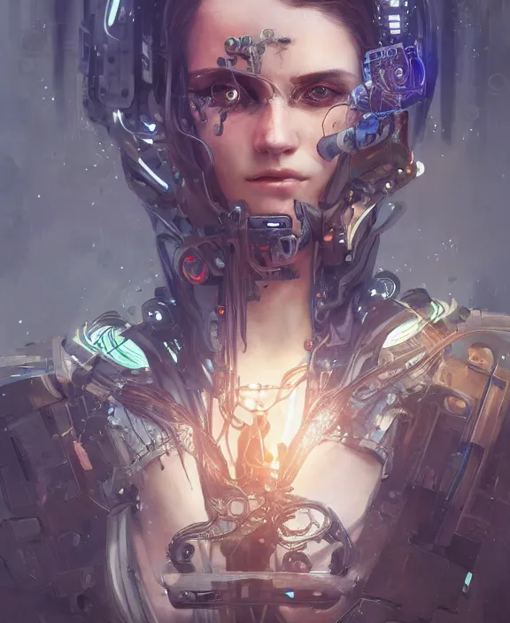 Image similar to portrait of a cyberpunk cyborg, half body, fantasy, intricate, elegant, highly detailed, digital painting, artstation, concept art, art by artgerm and greg rutkowski and alphonse mucha