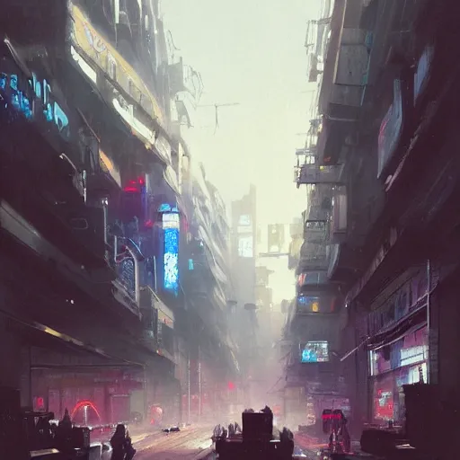 Image similar to very detailed masterpiece painting of a busy cyberpunk city street, portrait, artstation, concept art by greg rutkowski