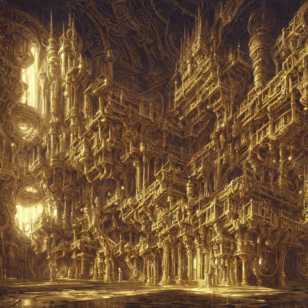 Prompt: symetrical highly detailed ornate with jewels and precious metals futuristic, sandman kingdom, close up in the bg entrance castle kingdom of dreams, space ships, hiperrealistc, global illumination, radiant light, detailed and intricate environment. drawing by frank lloyd wright art by andreas achenbach