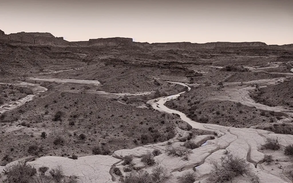 Image similar to “a dried up river bend running through a canyon surrounded by desert mountains at sunset, moab, utah, a tilt shift photo by Frederic Church, ansel adams, trending on unsplash, hudson river school, national geographic photo”