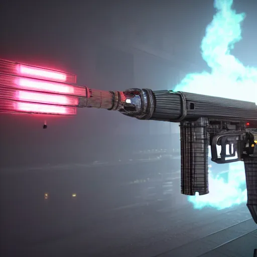 Image similar to plasma flamethrower, neon, cyberpunk, 3 d render, octane, ray tracing, ultra high resolution, ultra detailed, photorealistic