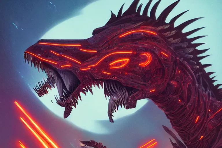 Prompt: a detailed tarot card of a futuristic cyborg velociraptor, neon outline, mouth open in a terrifying roar, 8 k, artstation, art by greg rutkowski, pixiv