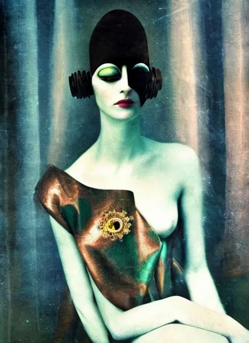 Image similar to photography of beautyful female android steampunk by sarah moon,