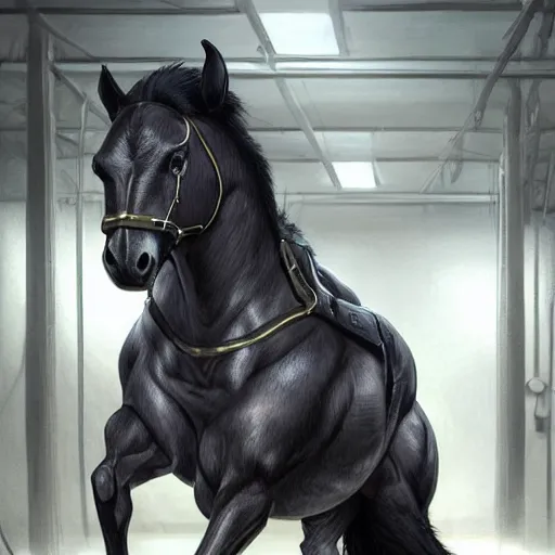 Image similar to a enormously muscled black - coated anthro horse supersoldier wearing tactical kevlar fabric in a research facility, humongous muscles, highly detailed, furry, furaffinity, digital painting, artstation, sharp focus, smooth, concept art, illustration, art by artgerm, greg rutkowski, makoto shinkai