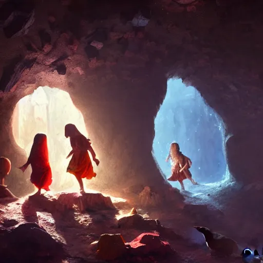 Prompt: medieval childs playing in a cave, there are colorful crystals on the ceiling and on the ground, by greg rutkowski, in the style of magic the gathering, 4k, very detailed