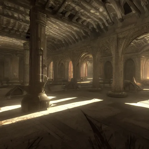 Image similar to interior mazelike architecture from quake, lovecraftian, liminal space, moody lighting, unreal engine 5, hyper detailed, hyper realistic