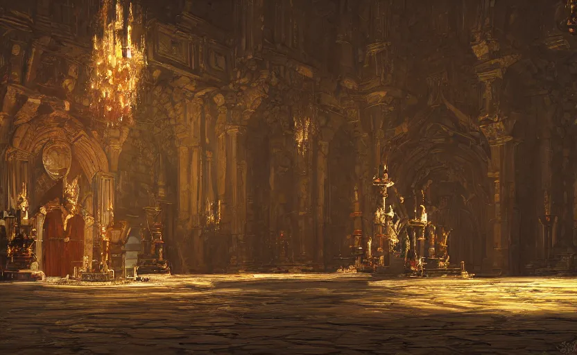 Prompt: a gaudy throne room interior in a stone castle, painting by Craig Mullins, octane rendering, dark candle lighting, wide angle lens, low view, in the style of Pixar animation, trending on artstation,