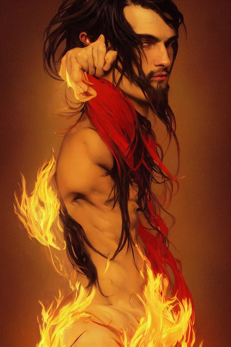 Prompt: portrait of a beautiful young fit male spirit with fire hairs and coal skin, luminous, by greg rutkowski and alphonse mucha, d & d character, gradient red to yellow, in front of a desert background, highly detailed portrait, digital painting, artstation, concept art, smooth, sharp focus ilustration, artstation hq