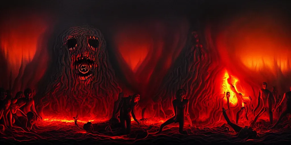 Image similar to repressed emotion creatures and monsters at the mouth of hell, dramatic lighting glow from giant fire, attempting to escape and start a revolution, in a dark surreal painting by ronny khalil