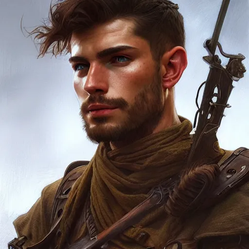 Prompt: portrait of a rugged ranger, handsome, muscular, 20 years old, D&D, fantasy, intricate, elegant, highly detailed, digital painting, artstation, concept art, matte, sharp focus, illustration, art by Artgerm and Greg Rutkowski and Alphonse Mucha
