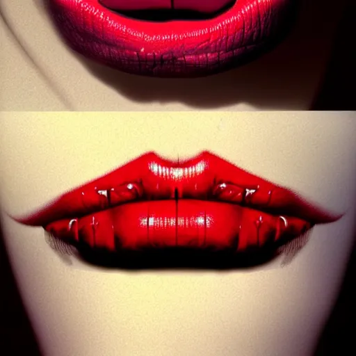 Image similar to lips sewn shut surrounded by red curtains by Conrad Roset and Nicola Samuri, close-up shot, rule of thirds, seductive look, beautiful, intricate, dystopian, sci-fi, extremely detailed, digital painting, artstation, concept art, smooth, sharp focus, illustration, intimidating lighting, incredible art, details visible, very dark ambiance