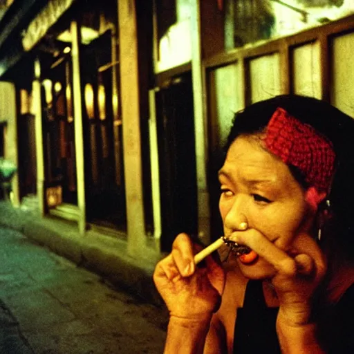 Image similar to A Filipino woman smoking outside a fancy restaurant, street photography, by Saul Leiter, Jamel Shabazz, Nan Goldin