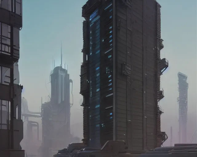 Image similar to cyberpunk factory building by ralph mcquarrie and beeple, trending on artstation
