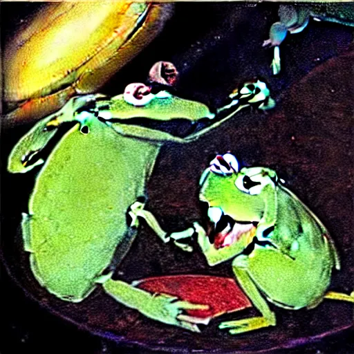 Prompt: “Kermit the Frog in the style of Saturn Devouring His Son by Francisco Goya, fresco”