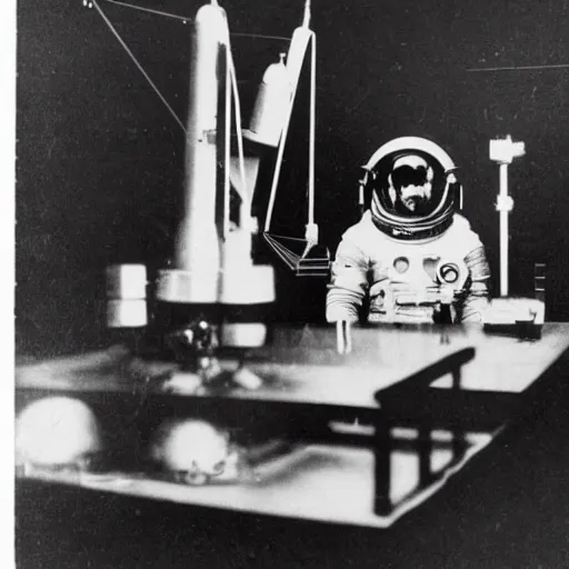 Prompt: old photograph of an astronaut in a futurist lab doing occult experiments