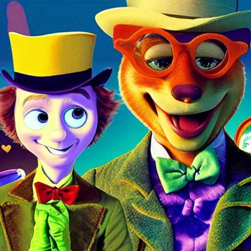 Image similar to willy wonka and the chocolate factory, animated in the style of zootopia