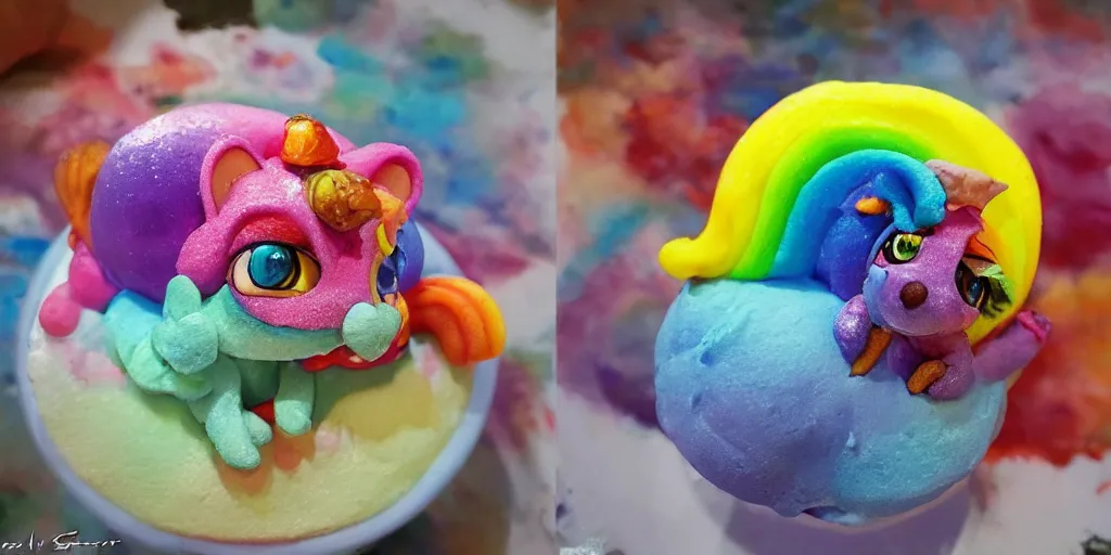 Image similar to rainbow sorbet made in the shape of 3 d littlest pet shop manticore, realistic, melting, soft painting, desserts, ice cream, glitter, cake, forest, mountains, aurora, master painter and art style of noel coypel, art of emile eisman - semenowsky, art of edouard bisson