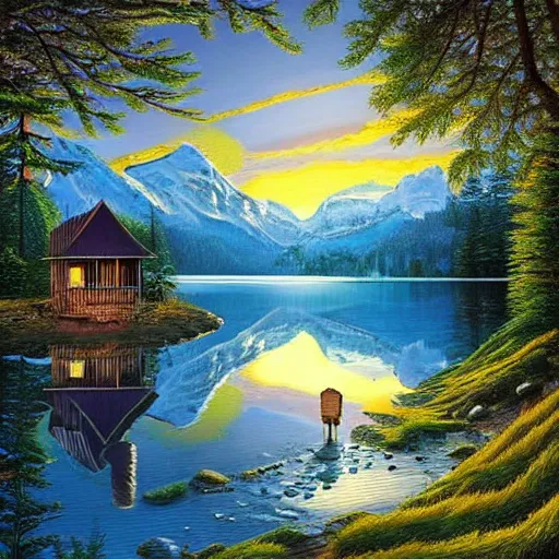 Image similar to A beautiful experimental art of a mountain lake scene with a cabin nestled in the woods. The light shining through the trees and reflecting off the water is stunning. Garfield by Jacek Yerka subtle