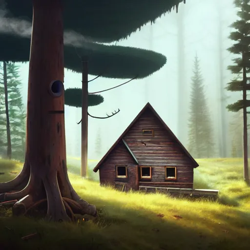 Image similar to a walking wood and metal house with two mechanical legs and one big eye, smoky chimney, rust, hyperrealistic, highly detailed, cinematic, single ray of sun, morning, pareidolia, dynamic composition, gravity falls style, ghibli style, beautiful, pine trees in the background, cgssociety, artstation, 8 k, oil painting, digital art