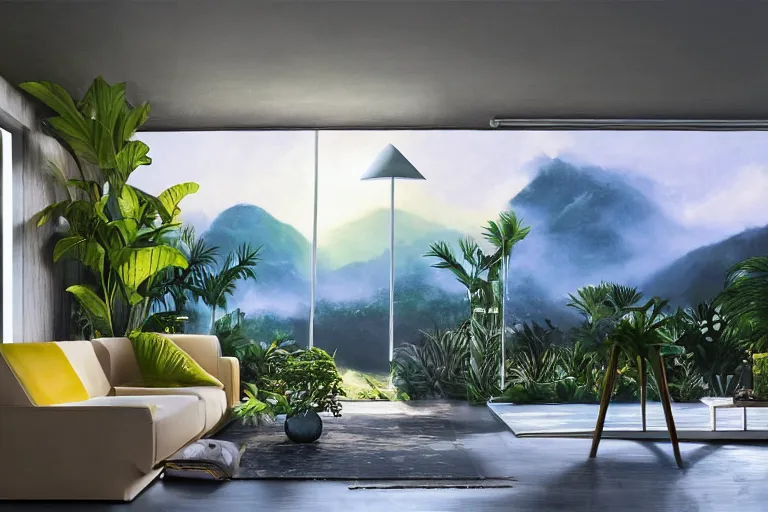 Prompt: big window, mountains in background, cloud forest in background, tropical in background, twilight lighting, futuristic floor lamps, holiday vibes, living room, furniture, IKEA catalogue, futuristic, ultra realistic, ultra detailed, cinematic light, anamorphic, by Paul Lehr