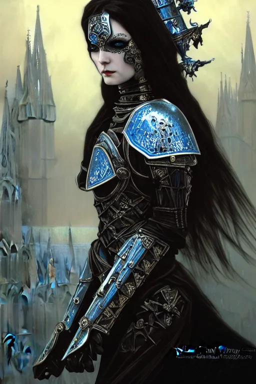 Image similar to beautiful luxury and gothic and victorian and evil medieval female blue & white armor knight portrait+smoky eyes+light flowing hair, in ruin gothic cathedral, ultradetail face, art and illustration by tian zi and craig mullins and WLOP and alphonse mucha, fantasy, intricate complexity, human structure, fantasy world concept, watermark, blurry, hyperrealism 8k