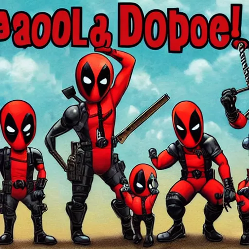 Prompt: a family photo of the deadpool twins and the nice matrix boys from down the street starring deadpool and the other guy from that show about deadpool by the artist michael hutter