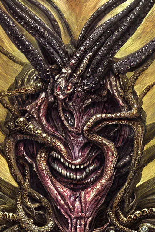 Prompt: a spectacular wideangle photorealistic, detailed closeup portrait of angry giger alien with a octopus head and golden jewelery, digital art