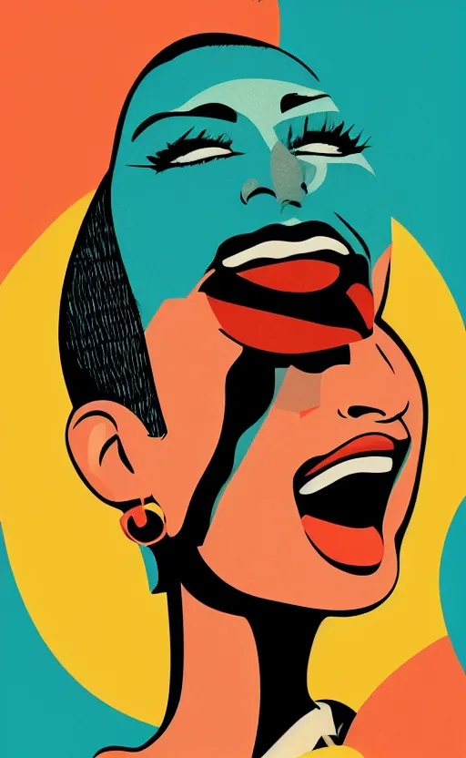 Image similar to illustration portrait of a woman with white buzzcut laughing out loud, art deco painting by tom whalen, by tomer hanukam funny meme photo, trending on behance, digital illustration, storybook illustration, grainy texture, flat shading, vector art, airbrush, pastel, watercolor, poster