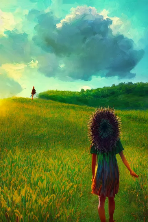 Image similar to giant corn flower head, girl walking in a green valley, surreal photography, sunrise, dramatic light, impressionist painting, colorful clouds, digital painting, artstation, simon stalenhag