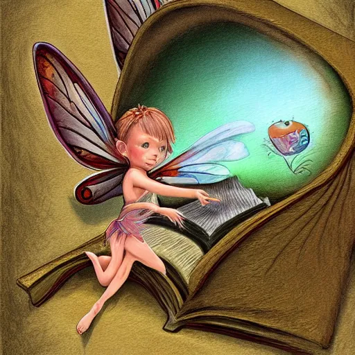 Image similar to a very small fairy hovers above an big open book, highly detailed, digital painting, sharp focus, fantasy art