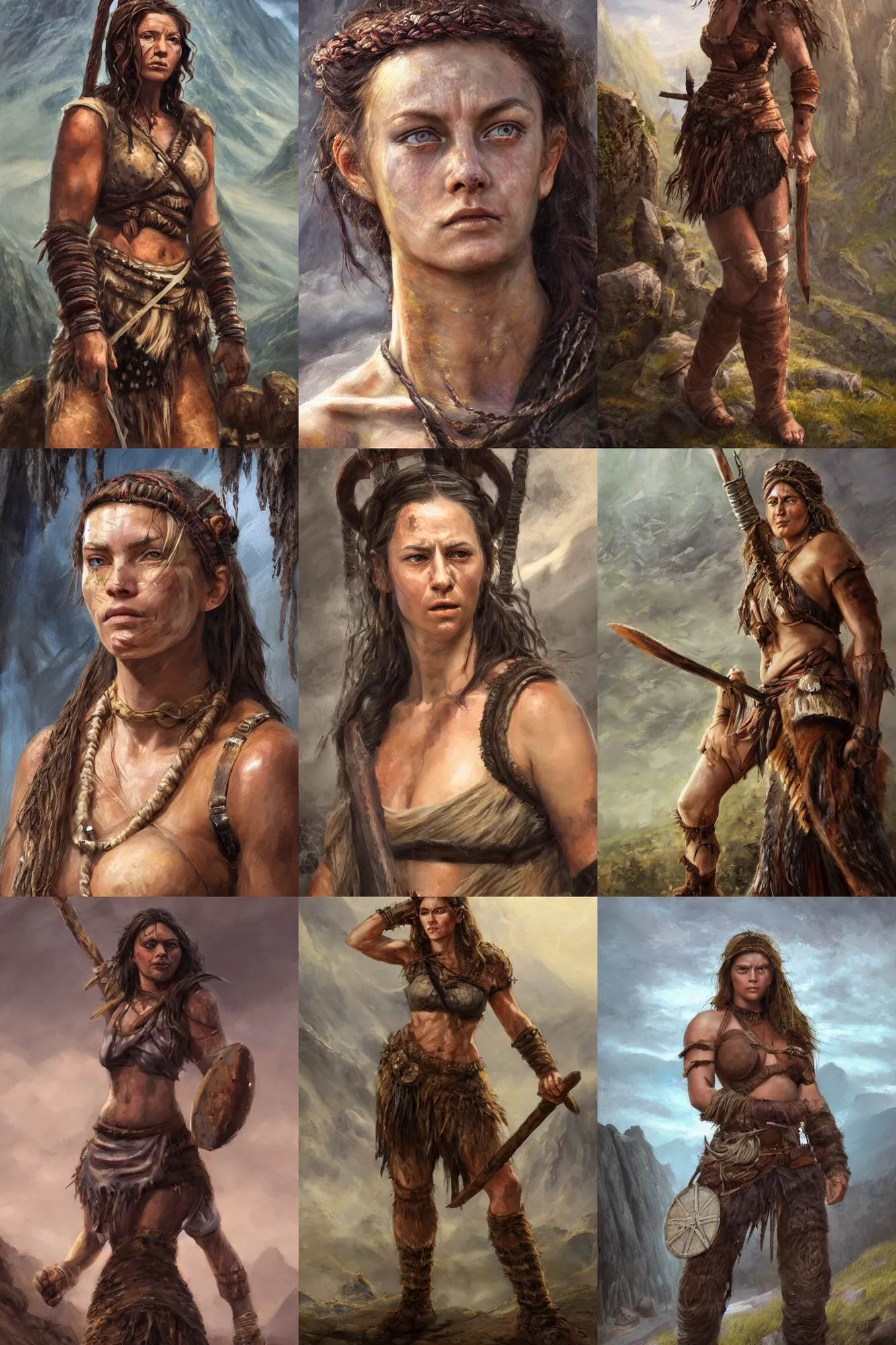 Prompt: a full body high detail fantasy portrait oil painting illustration of a single rugged stoic barbarian woman by Justin Sweet with face and body clearly visible, in a scenic background, pupils visible, realistic proportions, d&d, rpg, forgotten realms, artstation trending, high quality, sombre mood, artstation trending, muted colours, no crop, entire person visible!, natural light, Adobe Photoshop, Adobe Lightroom, photolab, Affinity Photo,