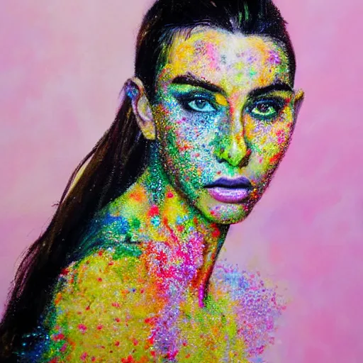 Prompt: hyperrealism oil painting, fashion model portrait, covered in colorful sprinkles