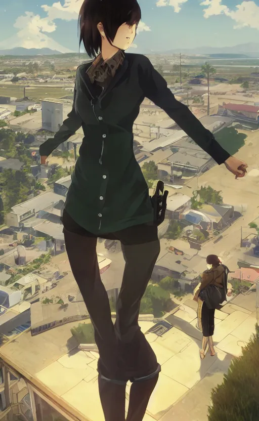 Image similar to anime style, gta 5, panoramic view of girl, searchlights in background, soldier clothing, short hair, hair down, symmetrical facial features, from arknights, hyper realistic, 4 k, extreme detail, detailed drawing, trending artstation, hd, d & d, realistic lighting, by alphonse mucha, greg rutkowski, sharp focus, backlit