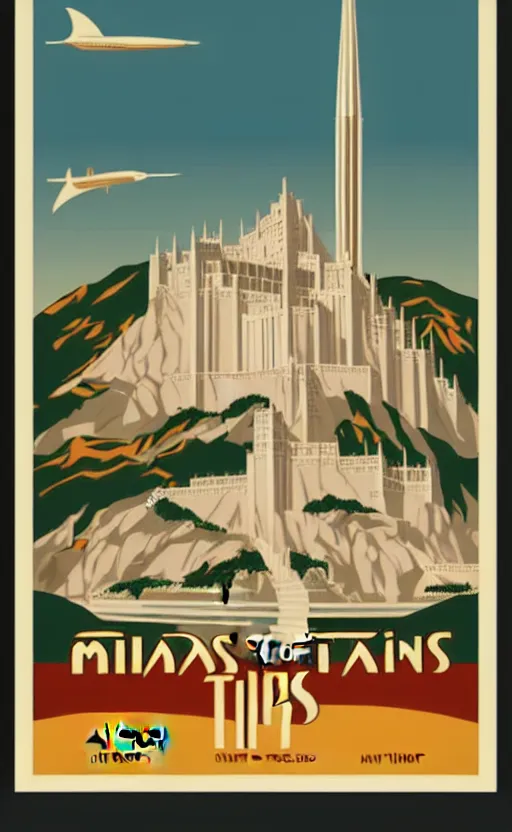 Image similar to art deco travel poster. visit minas tirith, lord of the rings