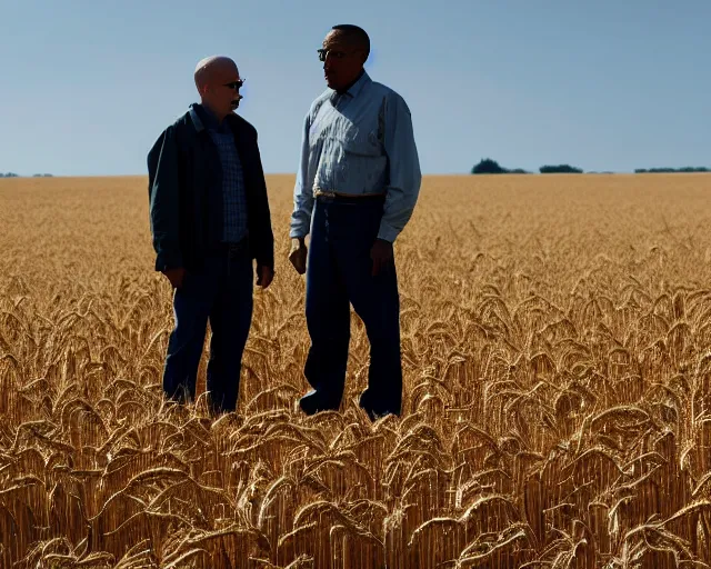 Image similar to extreme long shot of walter white and gustavo fring standing facing each other from a distance in a wheat field, low angle, side view, perfect angle, 8 5 mm photograph, 8 k resolution, wide shot, sharp lens, high detail, cinematic