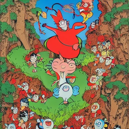 Image similar to Professional art, a stunning illustration of red goblins carrying a prisoner to a cave on a mountainside illustrated by Dr Suess and Takashi Murakami