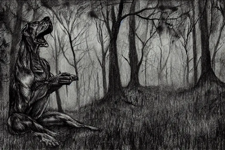 Prompt: mad creepy hellhound watching us in forest artwork by ben templesmith