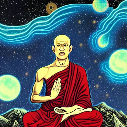 Prompt: concept art of a monk on top of a mountain, alex gray, psychedelic, 1 9 6 0 s, illustration, full moon, milky way, buddhism, intricate details, elegant, high definition, cinematic