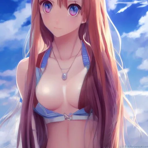 Image similar to a very beautiful young yuuki asuna, full body, long wavy blond hair, sky blue eyes, full round face,, bikini, miniskirt, front shot, highly detailed, cinematic wallpaper by stanley artgerm lau