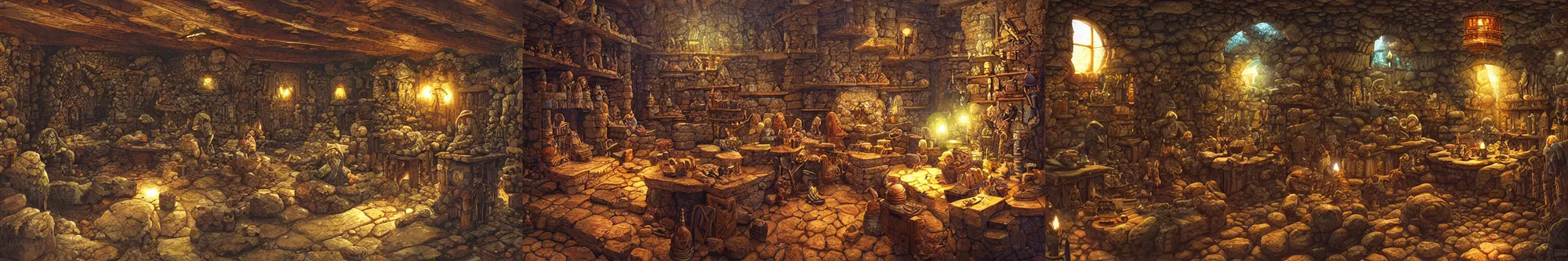 Prompt: intricate dwarven workshop, gemstone deposits, mining, detailed, soft lighting, fantasy artwork, larry elmore, jeff easley