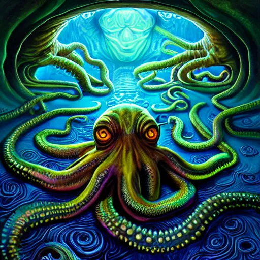 Prompt: Lovecraft Mythos Eldritch Octopus, 4D game fanart CGSociety by Dan Mumford, by Josephine Wall, Dan Witz and Lois van baarle, ilya kuvshinov, rossdraws global illumination, cosmic infused background