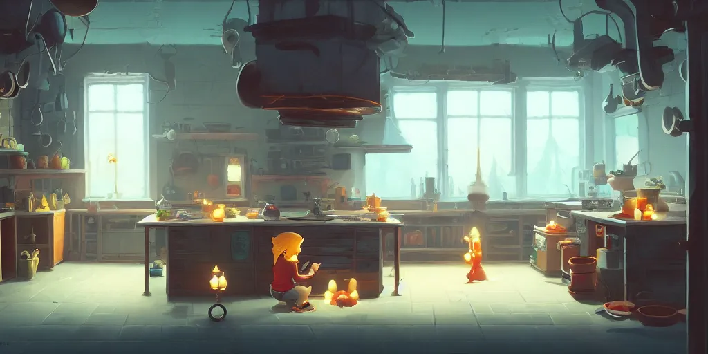 Image similar to cute solitary kitchen dim lit by a candle ripped physique simon stalenhag gerald brom bastien grivet by greg rutkowski, game background fisheye lens, low angle, day of the tentacle, 3 point perspective