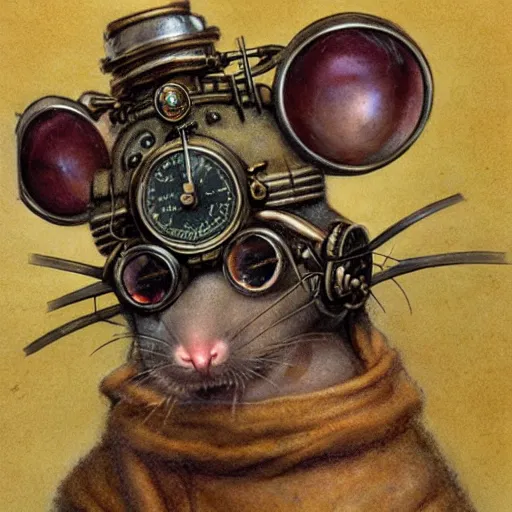 Image similar to a rat with steampunk googles, by Brian Froud