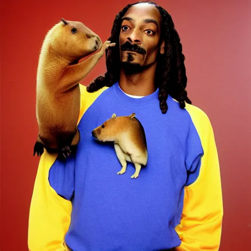 Image similar to Snoop Dogg holding a Capybara for a 1990s sitcom tv show, Studio Photograph, portrait, C 12.0