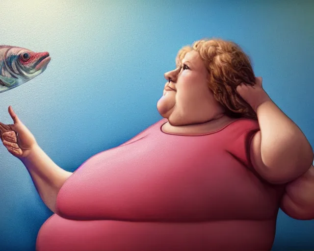 Prompt: delicate and beautiful scene in hyper realistic style, of a fat old woman is sculpting a huge colorful fish on the wall. lighting from the barred window. shadows. 4 k. wide angle. very detailed. red mouth, blue eyes. deep focus, lovely scene. ambient occlusion render. unreal engine.