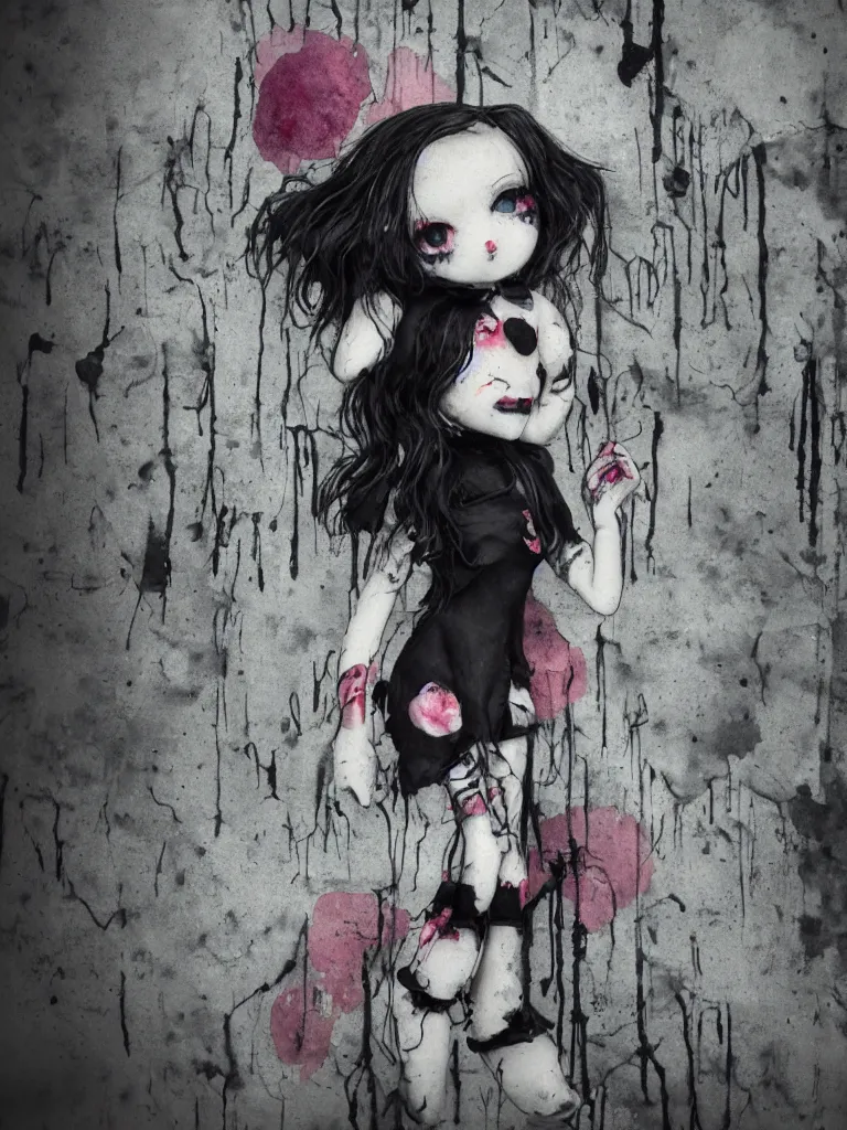 Image similar to cute fumo plush gothic black enigmatic maiden girl painted in spilt ink and washed watercolor, avant garde pop art, graffiti in an abandoned overgrown warehouse, vray