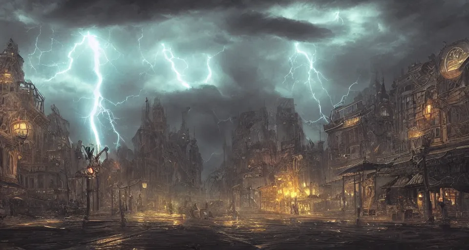 Prompt: eldritch, steampunk city, windy, by eugene von guerard, ivan shishkin, night, lightning!!, storm!, dramatic lighting, concept art, trending on artstation, 8 k