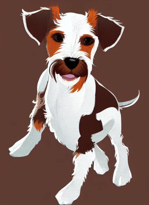 Image similar to a very cute wire haired jack russell terrier puppy. he is white with brown spots and brown patches over both eyes. clean cel shaded vector art. shutterstock. behance hd by lois van baarle, artgerm, helen huang, by makoto shinkai and ilya kuvshinov, rossdraws, illustration, art by ilya kuvshinov