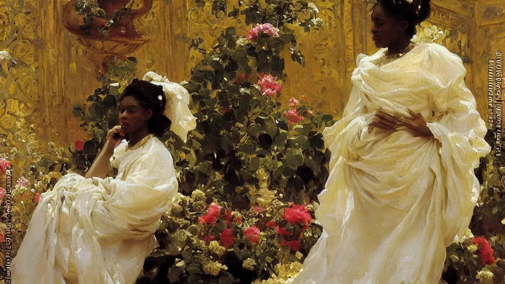 Image similar to high quality high detail painting by ilya repin and john singer sargent, black woman in a white room with many plants, intricate costume design, orientalist, partially gold, ornate, elite, luxury, hd