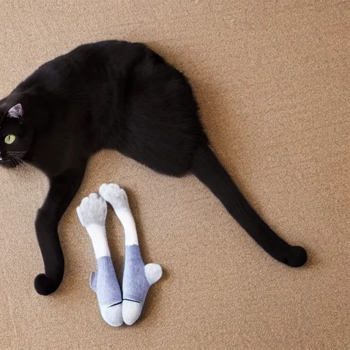 Prompt: a full body still of a cat wearing futuristic designer socks on its paws